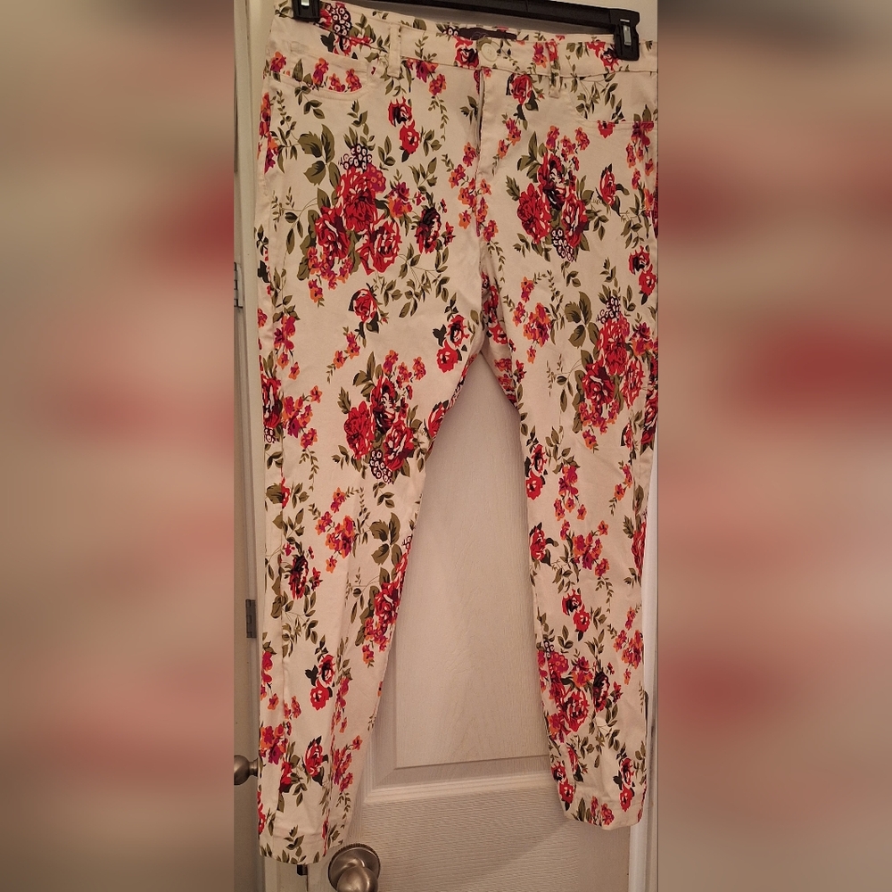 Vibrant Red and Green Cropped Floral Pants (STRETCH)